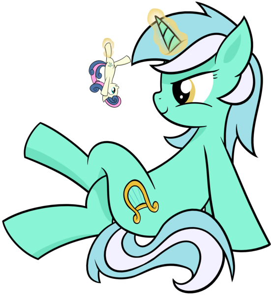 Size: 6000x6528 | Tagged: safe, artist:reconprobe, derpibooru import, bon bon, lyra heartstrings, sweetie drops, pony, absurd resolution, crossed legs, duo, duo female, female, macro, magic, mare, mega lyra, micro, simple background, size difference