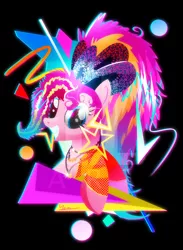 Size: 1024x1402 | Tagged: safe, artist:ii-art, derpibooru import, pinkie pie, earth pony, pony, friendship through the ages, abstract background, bust, jewelry, necklace, new wave pinkie, portrait, smiling, solo, vaporwave