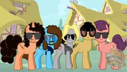 Size: 1920x1080 | Tagged: safe, artist:grapefruitface1, derpibooru import, oc, ponified, ponified:jeff lynne, pony, pony creator, bob dylan, complex background, george harrison, group, jeff lynne, parody, ponyville, roy orbison, sunglasses, the traveling wilburys, the trotting wilburys, tom petty, traveling wilburys