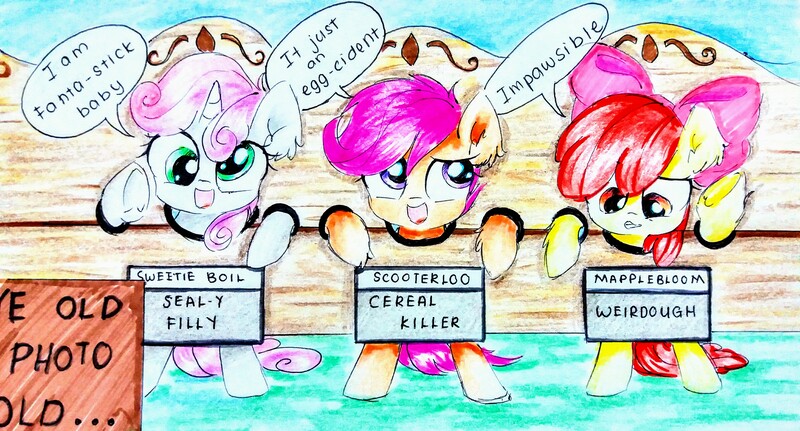 Size: 4128x2225 | Tagged: safe, artist:liaaqila, derpibooru import, apple bloom, scootaloo, sweetie belle, earth pony, pegasus, pony, unicorn, adorabloom, cute, cutealoo, cutie mark crusaders, derp, dialogue, diasweetes, ear fluff, female, filly, frown, gritted teeth, leg fluff, liaaqila is trying to murder us, lidded eyes, looking at you, looking down, looking up, open mouth, photo op, pun, pure unfiltered evil, sign, silly, silly face, silly filly, silly pony, smiling, speech bubble, stocks, trio, underhoof, waving