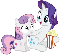 Size: 7700x7000 | Tagged: safe, artist:tardifice, derpibooru import, rarity, sweetie belle, pony, unicorn, forever filly, absurd resolution, female, filly, food, hoof hold, mare, open mouth, popcorn, simple background, sisters, sitting, transparent background, vector