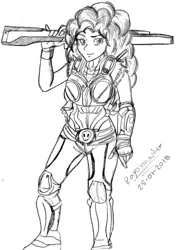 Size: 865x1222 | Tagged: armor, artist:rayoxmaster94, crossover, derpibooru import, gears of war, human, humanized, monochrome, pinkie pie, safe, solo, weapon