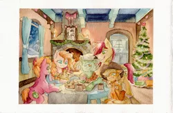 Size: 1024x672 | Tagged: safe, artist:the-wizard-of-art, derpibooru import, apple bloom, applejack, big macintosh, bright mac, granny smith, pear butter, earth pony, pony, baby, baby pony, christmas, christmas tree, colt, family, female, filly, fireplace, holiday, male, mare, snow, stallion, traditional art, tree