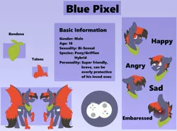 Size: 2047x1525 | Tagged: safe, artist:liamsartworld, derpibooru import, oc, oc:blue pixel, unofficial characters only, bat pony, angry, bandana, blushing, commission, cutie mark, happy, reference sheet, sad, talons