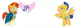 Size: 909x329 | Tagged: safe, derpibooru import, flash sentry, princess flurry heart, sunburst, alicorn, pegasus, pony, unicorn, armor, crystal heart trio, cute, flurrybetes, imminent crash, incoming, oh crap, raised hoof, simple background, this will end in laughs, this will end in pain, uh oh, uncle flash, uncle sunburst, white background