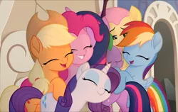 Size: 1280x808 | Tagged: alicorn, applejack, beautiful, cropped, cute, derpibooru import, eyes closed, fluttershy, happy, hug, mane seven, mane six, my little pony: the movie, nuzzling, open mouth, pinkie pie, rainbow dash, rarity, safe, screencap, spike, staff, staff of sacanas, twilight sparkle, twilight sparkle (alicorn)