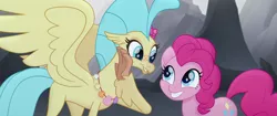 Size: 1920x804 | Tagged: safe, derpibooru import, screencap, pinkie pie, princess skystar, classical hippogriff, earth pony, hippogriff, pony, my little pony: the movie, duo, female, flower, flower in hair, jewelry, mare, necklace, raised claw, seashell necklace