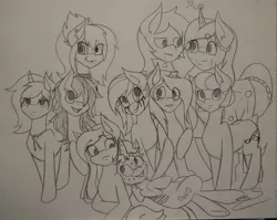 Size: 3769x3006 | Tagged: safe, artist:dubsteppegasister, derpibooru import, oc, oc:eligon, oc:eve hallow, oc:funny bone, oc:gyp shot, oc:inky sweet, oc:little night, oc:night light, oc:nurse pierce, oc:omnia, oc:plumage, unofficial characters only, earth pony, pony, unicorn, broken horn, female, high res, makeup, mare, monochrome, running makeup, traditional art