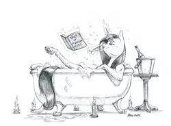 Size: 1400x1032 | Tagged: alcohol, artist:baron engel, bath, bathing, bathtub, book, candle, claw foot bathtub, derpibooru import, drinking, female, glass, glowing horn, grayscale, magic, monochrome, nudity, pencil drawing, rarity, reading, relaxing, simple background, sketch, solo, solo female, suggestive, telekinesis, traditional art, white background, wine, wine glass