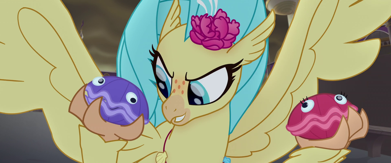 Size: 1920x804 | Tagged: beak, clams, clam shell, classical hippogriff, derpibooru import, feathered ears, flower, freckles, googly eyes, hippogriff, my little pony: the movie, oyster, princess skystar, safe, screencap, seashell, shell, shelldon, shelly, smiling, smirk, talons, wings