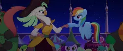 Size: 1920x804 | Tagged: safe, derpibooru import, official, screencap, boyle, captain celaeno, murdock, rainbow dash, anthro, parrot, parrot pirates, pegasus, pony, my little pony: the movie, anthro with ponies, feather, fist bump, hat, hoofbump, pirate, rainbow (song), song