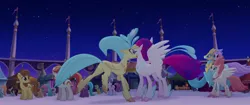 Size: 1920x804 | Tagged: safe, derpibooru import, screencap, bell perin, chocolate apple, dawn sunrays, haven bay, princess skystar, queen novo, salina blue, stratus skyranger, unnamed pony, classical hippogriff, earth pony, hippogriff, pegasus, pony, my little pony: the movie, background pony, canterlot, feathered fetlocks, female, male, mare, market, mother and daughter, rainbow (song), reunion, stallion