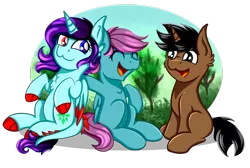 Size: 3050x2054 | Tagged: safe, artist:shamy-crist, derpibooru import, oc, oc:moonlight, oc:sunny crist, unofficial characters only, dracony, hybrid, pegasus, pony, unicorn, female, heterochromia, high res, male, mare, simple background, sitting, stallion, transparent background, tree