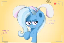 Size: 3663x2460 | Tagged: safe, artist:bronybehindthedoor, derpibooru import, trixie, pony, blushing, bunny ears, camera shot, dialogue, embarrassed, frown, implied starlight glimmer, offscreen character, pun, raised hoof, silly, silly pony, silly rabbit