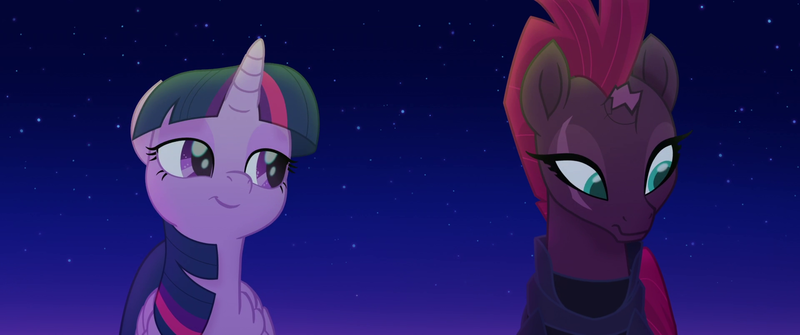 Size: 1920x804 | Tagged: safe, derpibooru import, screencap, tempest shadow, twilight sparkle, twilight sparkle (alicorn), alicorn, pony, unicorn, my little pony: the movie, bedroom eyes, broken horn, eye scar, night, rainbow (song), scar, smiling, stars