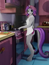 Size: 1080x1440 | Tagged: suggestive, artist:stellarator, derpibooru import, sweetie belle, anthro, unguligrade anthro, unicorn, 3d, apron, blender, breasts, carousel boutique, casual nudity, clothes, cooking, cycles, female, kitchen, looking at you, mare, naked apron, not sfm, nudity, older, older sweetie belle, partial nudity, sideass, smoke, solo, solo female, sweetie belle can't cook