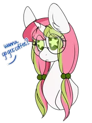 Size: 1500x2000 | Tagged: safe, artist:mimisaurusrex, derpibooru import, oc, oc:stargazer lily, unofficial characters only, unicorn, bust, dialogue, ear fluff, female, freckles, glasses, mare, pigtails, raised eyebrows, simple background, solo, transparent background, wingding eyes
