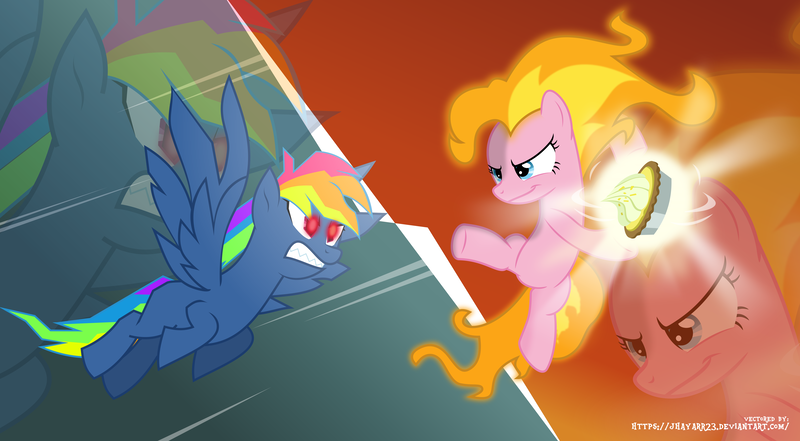 Size: 6705x3694 | Tagged: safe, artist:jhayarr23, derpibooru import, pinkie pie, rainbow dash, pegasus, pony, ponyta, secrets and pies, dragon ball, dragon ball z, epic fight, evil pie hater dash, female, fight, fire, food, kamehameha, lemon meringue pie, mane of fire, mare, pie, show accurate, vector, wallpaper, zoom layer