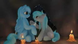 Size: 1920x1080 | Tagged: safe, artist:elisdoominika, derpibooru import, oc, oc:sweet elis, oc:thinker blue, unofficial characters only, earth pony, pony, unicorn, bandage, candle, cave, duo, female, looking at each other, mare