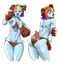 Size: 2044x2182 | Tagged: suggestive, artist:bimbo sparkles, derpibooru import, rainbow dash, human, equestria girls, animal costume, armpits, ass, bikini, breasts, clothes, costume, dog ears, female, humanized, multicolored hair, paws, rear view, reasonably sized breasts, sexy, simple background, solo, solo female, swimsuit, underboob, white background