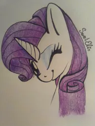 Size: 723x960 | Tagged: safe, artist:elisdoominika, derpibooru import, rarity, pony, unicorn, blinking, bust, female, mare, one eye closed, portrait, simple background, smiling, traditional art, wink