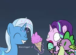 Size: 1780x1280 | Tagged: safe, artist:phat_guy, derpibooru import, edit, spike, starlight glimmer, trixie, dragon, pony, unicorn, cute, dialogue, english, eyes closed, female, food, glowing horn, gradient background, hocus pocus, ice cream, ice cream spike, jaw drop, levitation, lol, magic, male, mare, open mouth, shocked, smiling, spongebob squarepants, telekinesis, the amazing trio of friendship, trio, wat, when you see it, wide eyes