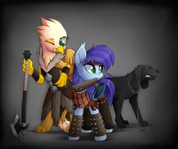 Size: 1024x862 | Tagged: safe, artist:scarlet-spectrum, derpibooru import, oc, oc:blue bat, oc:ember burd, unofficial characters only, dog, pony, axe, battle axe, chains, clothes, club, commission, griffon oc, mouth hold, spikes, weapon