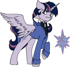 Size: 751x668 | Tagged: safe, artist:stuflox, derpibooru import, oc, oc:synthesia monsparkle, alicorn, pony, clothes, crossover, mondego, monsparkle, not twilight sparkle, raised hoof, redesign, simple background, solo, the count of monte cristo, transparent background