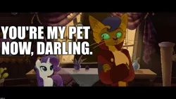 Size: 1920x1080 | Tagged: safe, derpibooru import, edit, edited screencap, screencap, capper dapperpaws, rarity, abyssinian, anthro, pony, my little pony: the movie, anthro with ponies, caption, clothes, darling, image macro, implied femdom, meme, pet, rarity's bad pickup lines