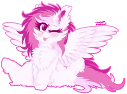 Size: 1024x759 | Tagged: safe, artist:vanillaswirl6, derpibooru import, oc, oc:comfy dove, unofficial characters only, pegasus, pony, :3, :p, :t, blushing, chest fluff, colored pupils, commission, ear fluff, female, fluffy, hoof fluff, mare, one eye closed, silly, simple background, sitting, solo, tongue out, transparent background, underhoof, wink