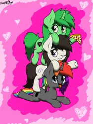 Size: 1536x2048 | Tagged: safe, artist:kimjoman, derpibooru import, oc, oc:aggie, oc:krylone, oc:pisty, ponified, unofficial characters only, pony, cute, food, heart, looking at you, looking up, meat, one eye closed, pepperoni, pepperoni pizza, pizza, stack, tongue out, tower of pony, wink