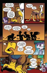 Size: 1041x1600 | Tagged: safe, artist:andypriceart, derpibooru import, idw, lord gestal, lord goldstone, princess celestia, twilight sparkle, twilight sparkle (alicorn), alicorn, gryphon, pony, spoiler:comic, spoiler:comic62, comic, diplomacy, female, male, mare, negotiation, official comic, preview, silhouette, speech bubble, treaty