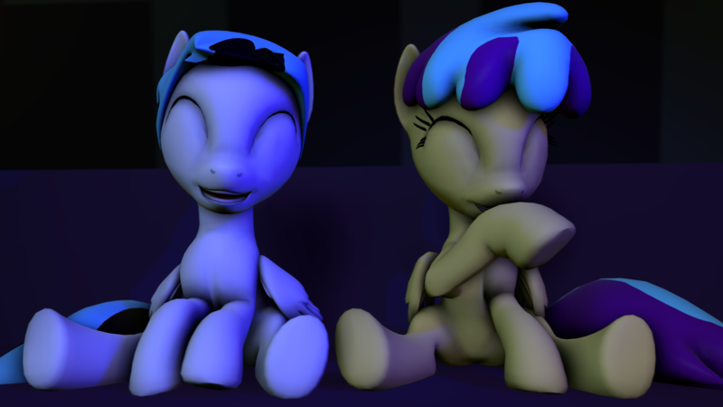 Size: 3840x2160 | Tagged: 3d, artist:quicktimepony, cinema, derpibooru import, eyes closed, happy, hooves, oc, oc:soloist song, oc:sturdy diablo, safe, sitting, source filmmaker, tail, unofficial characters only