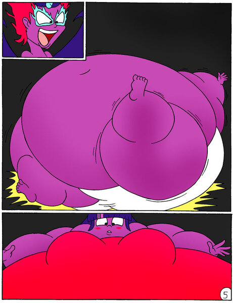 Size: 783x1019 | Tagged: questionable, artist:robot001, derpibooru import, sci-twi, twilight sparkle, comic:sparkle multiverse, equestria girls, bbw, breasts, clothes, comic, fat, inflation, midnight sparkle, morbidly obese, obese, twilard sparkle, twolight, underwear, weight gain