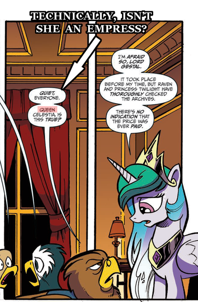 Size: 685x1047 | Tagged: safe, artist:andypriceart, derpibooru import, edit, idw, lord gestal, princess celestia, alicorn, gryphon, pony, spoiler:comic, spoiler:comic62, comic, female, headcanon, male, mare, official comic, preview, queen celestia, speech bubble