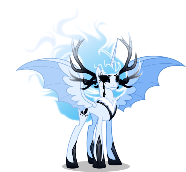 Size: 5000x4630 | Tagged: safe, artist:orin331, derpibooru import, princess cadance, alicorn, bat pony, bat pony alicorn, pony, dancerverse, absurd resolution, alternate universe, antlers, black sclera, female, hybrid wings, mare, mournful frost, nightmare cadance, nightmarified, simple background, solo, transparent background