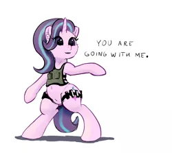 Size: 1200x1072 | Tagged: safe, artist:xbi, derpibooru import, starlight glimmer, pony, unicorn, belly button, bipedal, bulletproof vest, clothes, dialogue, ear fluff, female, mare, pubic fluff, simple background, solo, standing, white background