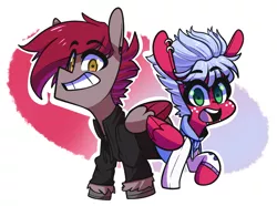 Size: 1930x1435 | Tagged: safe, artist:sourspot, derpibooru import, oc, oc:melon frost, oc:velvet quill, unofficial characters only, hippogriff, pegasus, pony, clothes, cute, ear piercing, earring, female, freckles, hoodie, icon, jacket, jewelry, male, mare, piercing, smiling, stallion