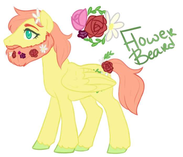 Size: 931x800 | Tagged: safe, artist:wolfyfree, derpibooru import, oc, oc:flower beard, unofficial characters only, pegasus, pony, beard, facial hair, floral head wreath, flower, flower in hair, magical lesbian spawn, offspring, parent:fluttershy, parent:tree hugger, parents:flutterhugger, rose, simple background, solo, transparent background, unshorn fetlocks