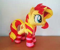 Size: 480x398 | Tagged: artist:epicrainbowcrafts, clothes, cute, derpibooru import, irl, photo, plushie, safe, scarf, smiling, socks, solo, standing, striped socks, sunset shimmer