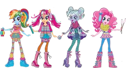 Size: 1399x762 | Tagged: safe, artist:cimmi cumes, derpibooru import, pinkie pie, rainbow dash, sour sweet, sugarcoat, equestria girls, legend of everfree, boots, clothes, compass, concept art, food, geometric, high heel boots, image, lantern, marshmallow, pigtails, png, scarf, shoes, simple background, transparent background, what could have been