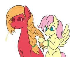 Size: 716x558 | Tagged: safe, artist:jargon scott, derpibooru import, big macintosh, fluttershy, earth pony, pegasus, pony, :t, adorascotch, braid, braiding, butterreina, butterscotch, cheek fluff, chest fluff, cute, eyes closed, eyeshadow, female, fluttermac, freckles, hair styling, macabetes, macareina, makeup, male, mare, no pupils, rule 63, rule63betes, shipping, simple background, size difference, smiling, spread wings, stallion, straight, straw, straw in mouth, white background, wings
