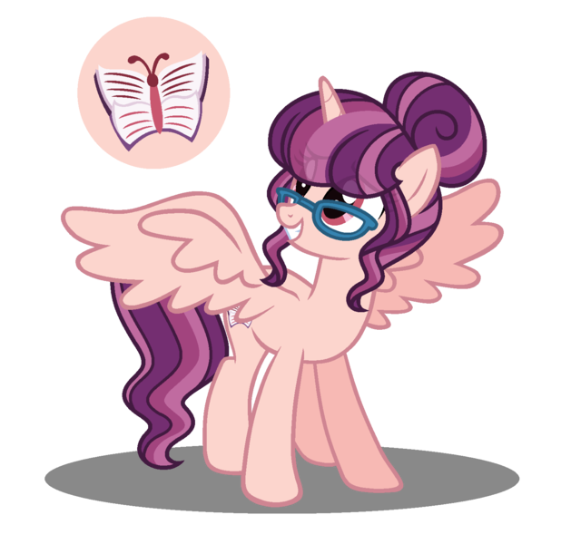 Size: 1519x1450 | Tagged: safe, artist:strawberry-spritz, derpibooru import, oc, oc:butterfly effect, unofficial characters only, alicorn, pony, alicorn oc, alternate universe, base used, cutie mark, female, glasses, hair bun, mare, offspring, parent swap au, parent:night light, parent:posey shy, parents:poseynight, simple background, solo, spread wings, transparent background, transparent mane, wings