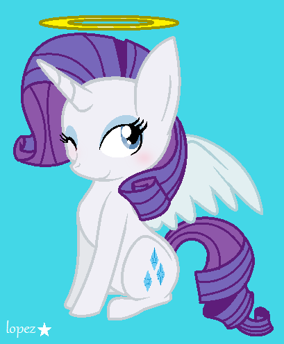 Size: 409x496 | Tagged: alicorn, alicornified, angel, angel rarity, artist:lopez765, derpibooru import, halo, one eye closed, race swap, raricorn, rarity, safe, simple background, solo, wings, wink