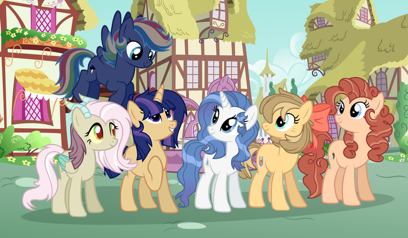 Size: 2628x1536 | Tagged: safe, artist:darlyjay, derpibooru import, oc, oc:apple jenn, oc:crystal crown, oc:dark lightning, oc:lucky cookie, oc:startail sentry, oc:timie linie, unofficial characters only, earth pony, hybrid, pegasus, pony, unicorn, female, interspecies offspring, mare, offspring, parent:applejack, parent:caramel, parent:cheese sandwich, parent:discord, parent:fancypants, parent:flash sentry, parent:fluttershy, parent:pinkie pie, parent:rainbow dash, parent:rarity, parent:soarin', parent:twilight sparkle, parents:carajack, parents:cheesepie, parents:discoshy, parents:flashlight, parents:raripants, parents:soarindash, ponyville