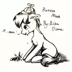 Size: 2019x2019 | Tagged: safe, artist:rikadiane, derpibooru import, button mash, pony, crying, high res, monochrome, sitting, solo, traditional art