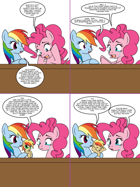 Size: 1204x1604 | Tagged: safe, artist:dekomaru, derpibooru import, pinkie pie, rainbow dash, oc, oc:nimbus, pony, tumblr:ask twixie, ask, colt, comic, crying, holding a pony, magical lesbian spawn, male, offspring, parent:applejack, parent:rainbow dash, parents:appledash, taers of joy, tumblr