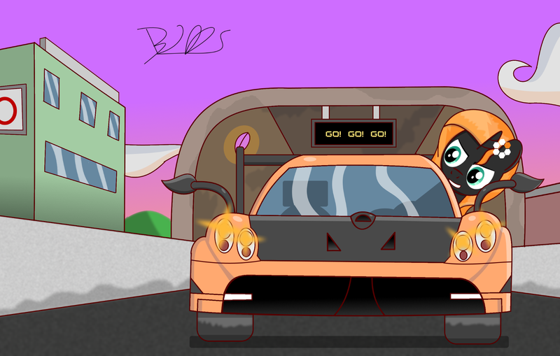 Size: 2000x1272 | Tagged: afternoon, artist:trackheadtherobopony, building, car, derpibooru import, element pony, highway, object pony, oc, oc:carbon 6, original species, pagani, pagani huayra, ponified, safe, signature, solo, supercar, tunnel, unofficial characters only