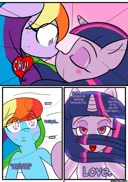 Size: 1233x1746 | Tagged: safe, artist:otakon, derpibooru import, rainbow dash, twilight sparkle, twilight sparkle (alicorn), alicorn, comic:love in the clouds, female, heart eyes, lesbian, patreon, shipping, twidash, wingding eyes