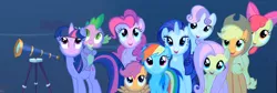 Size: 2140x720 | Tagged: safe, derpibooru import, edit, edited screencap, screencap, apple bloom, applejack, fluttershy, pinkie pie, rainbow dash, rarity, scootaloo, spike, sweetie belle, twilight sparkle, dragon, earth pony, pegasus, pony, unicorn, owl's well that ends well, cutie mark crusaders, female, male, mane seven, mane six, mare, panorama, stargazing, telescope, unicorn twilight